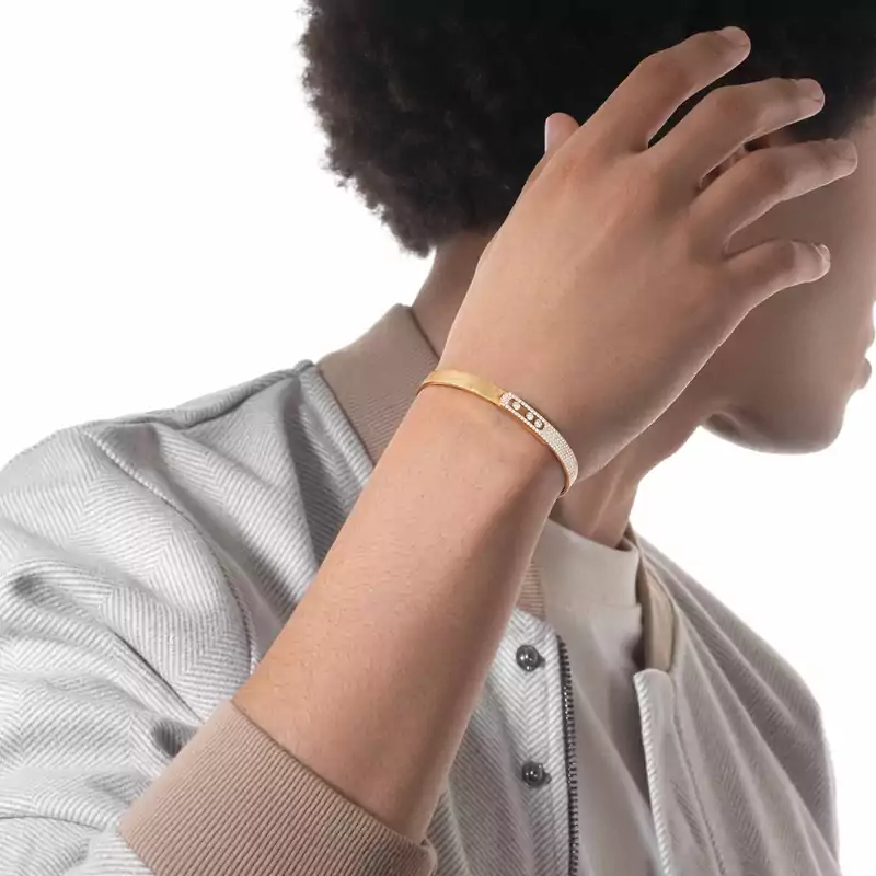 Bracelet Homme Or Jaune Diamant Bangle Move Noa Ciselé Semi-Pavé Grandes Tailles 14556-YG
